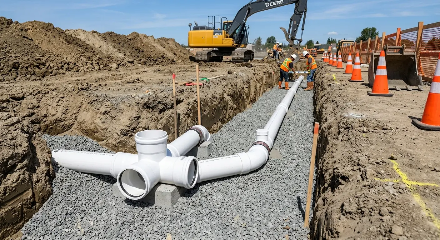 New PVC sewer pipe installation in open trench for Commercial Drain Cleaning in Winchester
