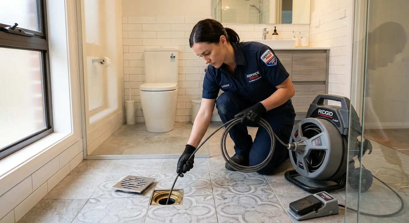 Technician clearing a bathroom floor drain for Sewer Line Replacement in Winchester